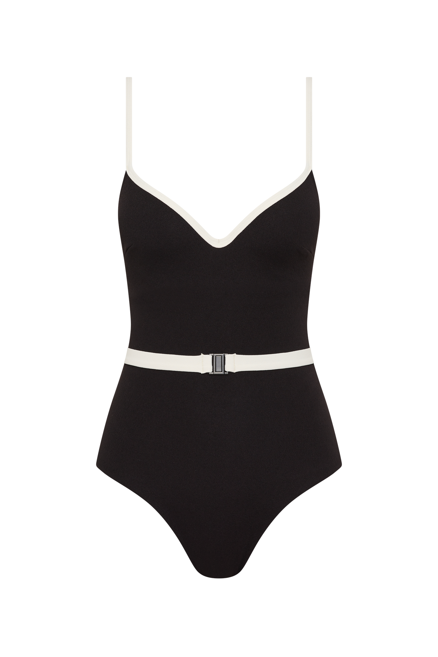 The Grace High Rise by Fearless au is a matte black one-piece swimsuit with moulded cups, white trim on the straps and neckline, a white belt with a black buckle at the waist, and a flattering high-cut leg.