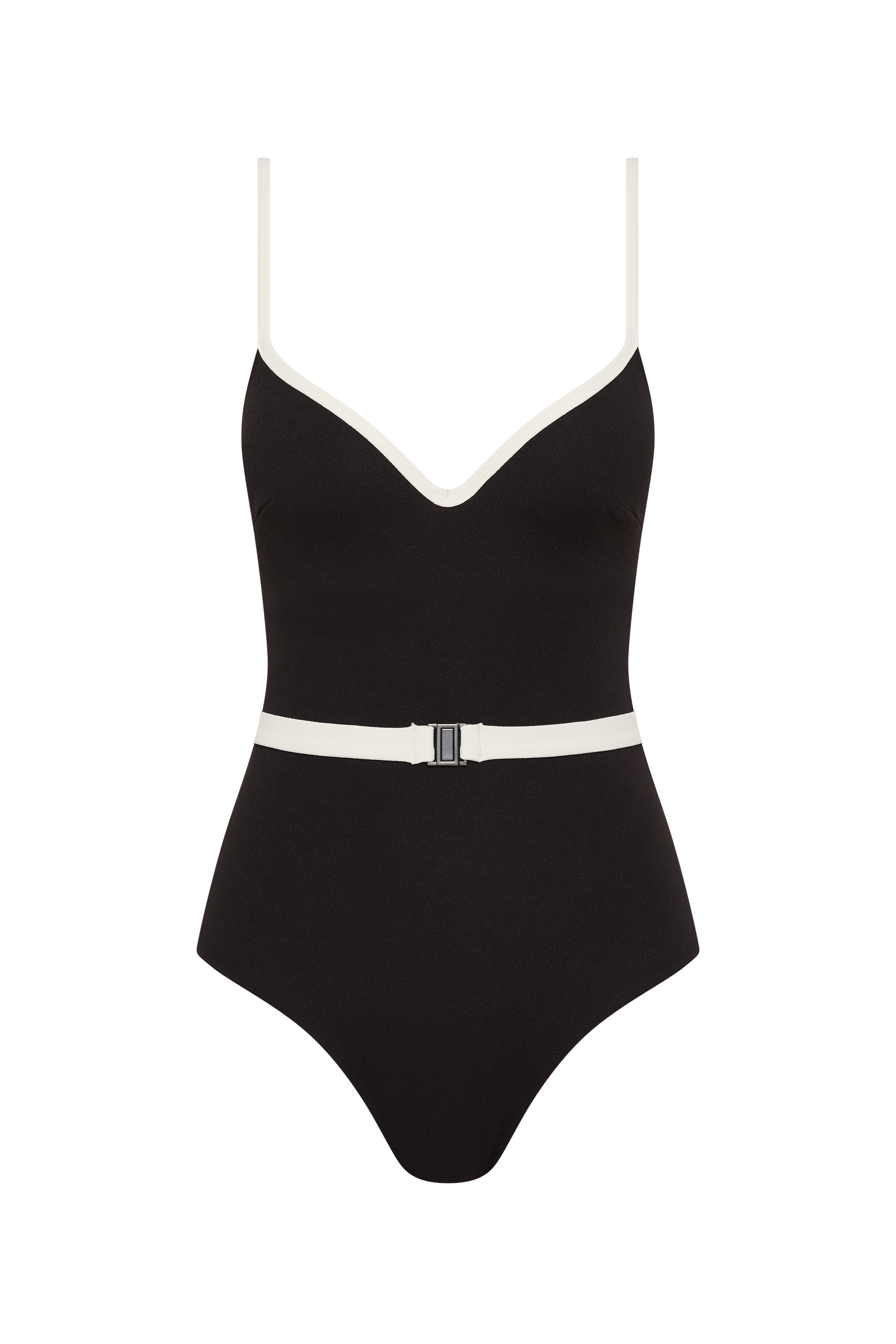 The Grace High Rise by Fearless au is a matte black one-piece swimsuit with moulded cups, white trim on the straps and neckline, a white belt with a black buckle at the waist, and a flattering high-cut leg.