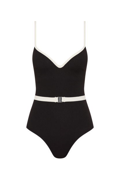 Fearless au Grace High Rise in Matte Black - one-piece swimsuit with high-rise boyleg cut, crinkle fabric, tummy control, standard torso length, shown on a white background