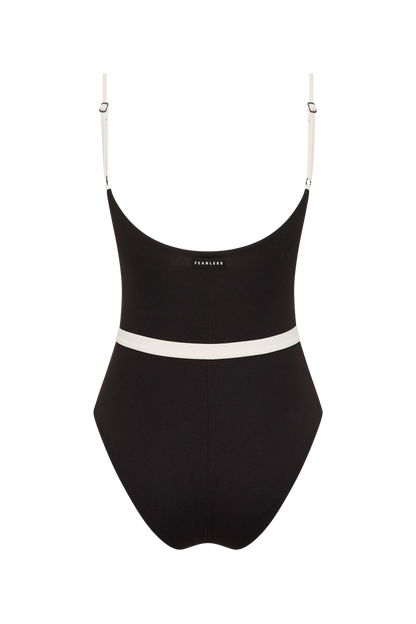 Rear view of the Fearless au Grace High Rise in Matte Black - one-piece swimsuit showing adjustable back straps, on a white background
