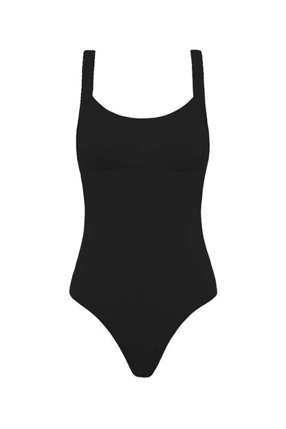 Fearless au Adventure Suit in All Black - one-piece swimsuit with ribbed fabric, cross-back black straps, tummy compression, long torso fit, shown on a white background