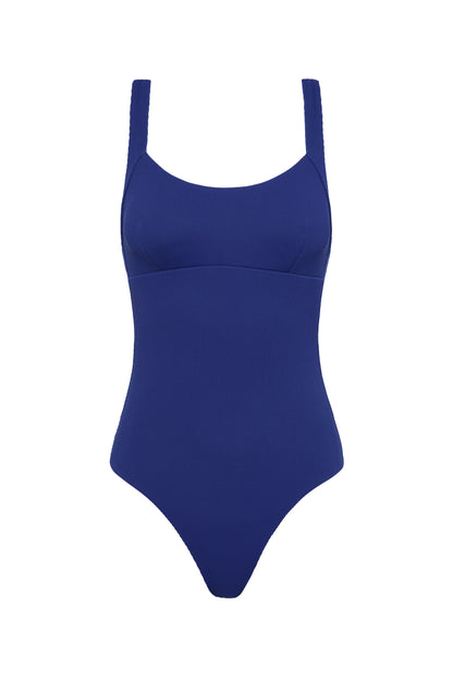 Fearless au Adventure Suit in Royal Blue - one-piece swimsuit with ribbed fabric, cross-back straps, tummy compression, standard torso length, shown on a white background