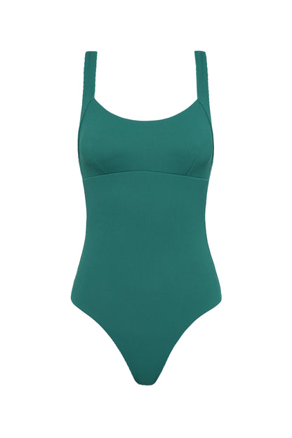 Fearless au Adventure Suit in Teal - one-piece swimsuit with ribbed fabric, cross-back straps, tummy compression, standard torso length, shown on a white background