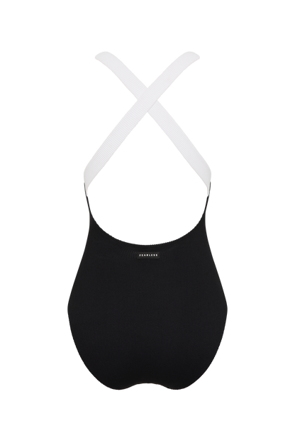 Rear view of the Fearless au Adventure Suit in Black with white straps - one-piece swimsuit showing adjustable back straps, on a white background