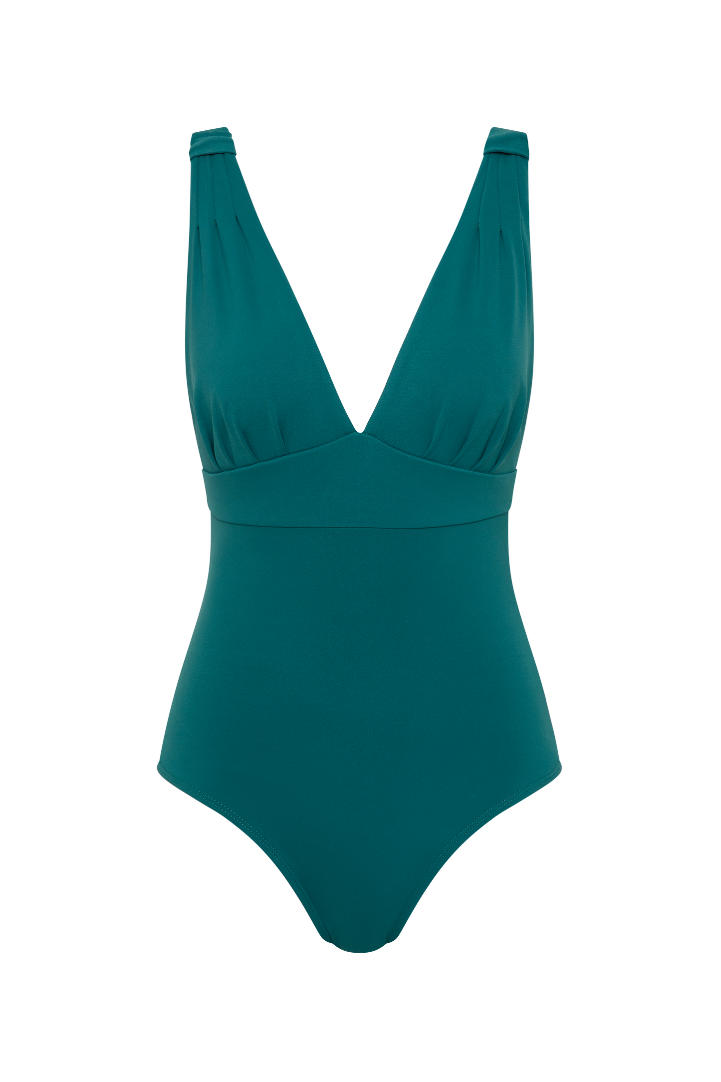 The Fearless au All Day One Piece - Teal / Standard features a deep V-neckline, wide shoulder straps, built-in bust support, gathered shoulder detail, and a smooth fitted waist, shown against a white background.