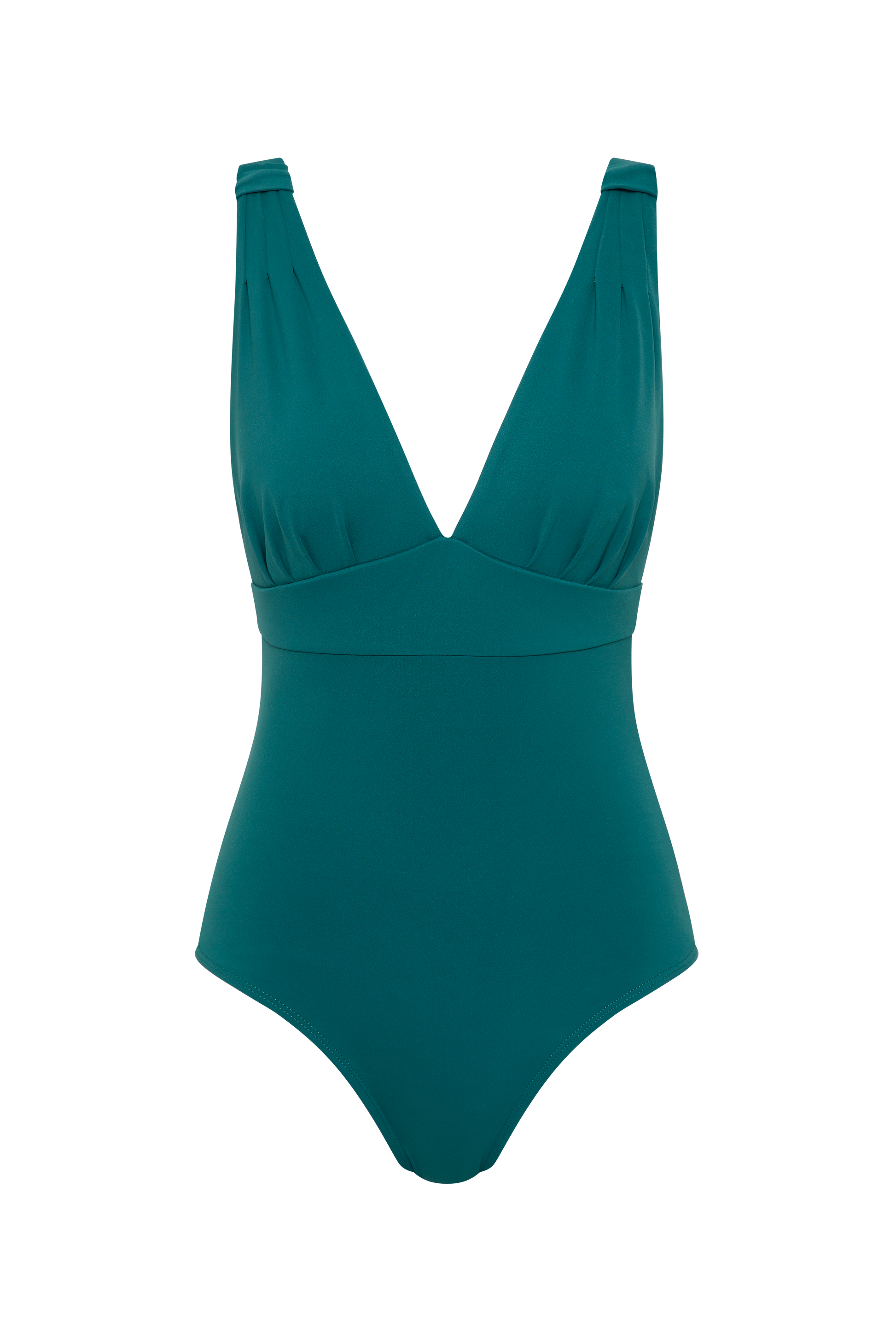 The Fearless au All Day One Piece - Teal / Standard features a deep V-neckline, wide shoulder straps, built-in bust support, gathered shoulder detail, and a smooth fitted waist, shown against a white background.