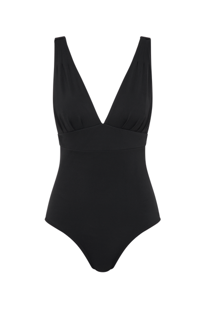 Fearless au All Day One Piece in Matte Black - one-piece swimsuit with supportive underwire bust, adjustable straps, tummy compression, long torso fit, shown on a white background