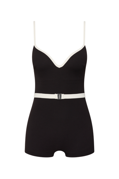 Fearless au Grace Boyleg in Matte Black - one-piece swimsuit with boyleg cut, crinkle fabric, tummy control, standard torso length, shown on a white background