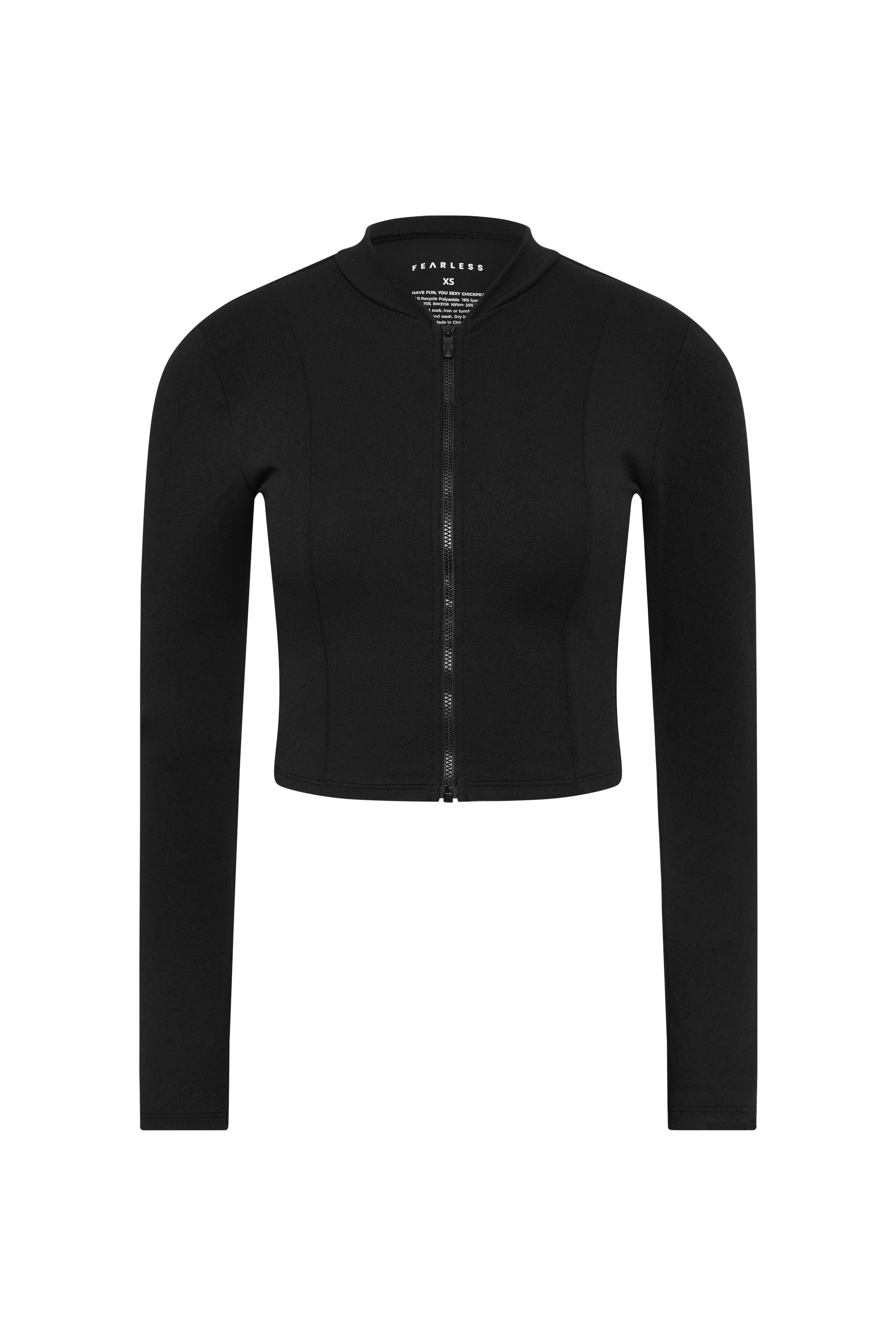 The Fearless au Cropped Rashie is a black, fitted long-sleeve cropped rash guard jacket with a round neckline and front zipper, shown on a plain white background.