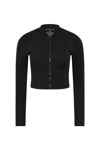 Fearless au Cropped Rashie in Black - cropped rashguard with long-sleeve, fitted crop length, UPF sun protection, smooth fabric, shown on a white background