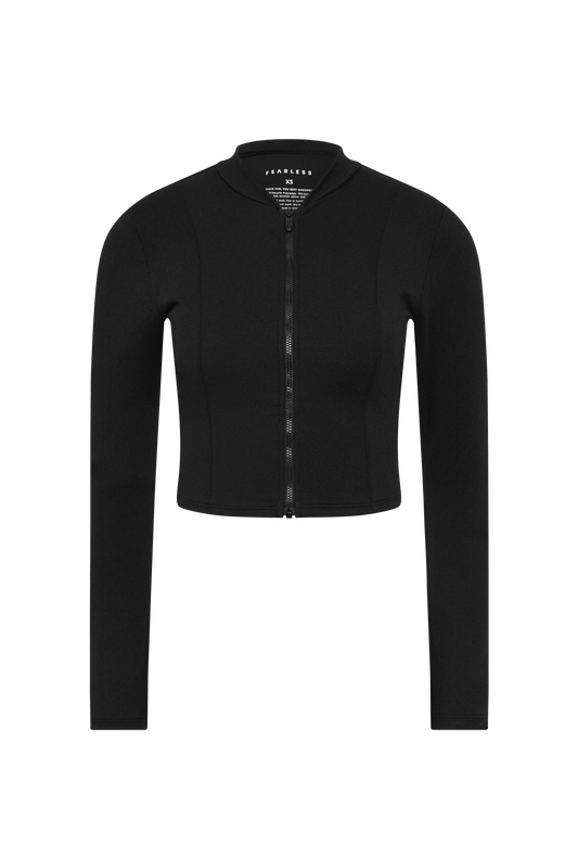 The Fearless au Cropped Rashie is a black, fitted long-sleeve cropped rash guard jacket with a round neckline and front zipper, shown on a plain white background.