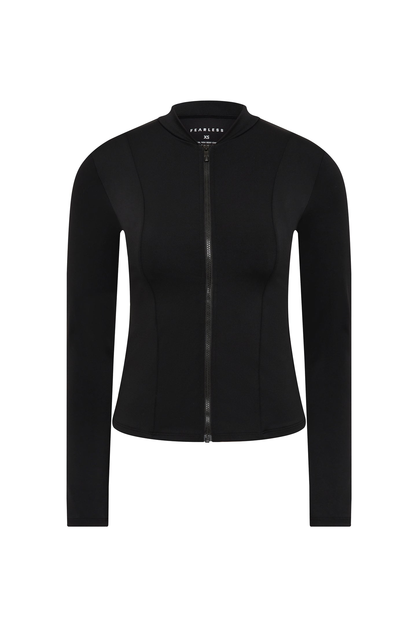 The Fearless au Long Rashie is a black, long-sleeve fitted jacket with a front zipper and small collar, offering UPF 50+ sun protection. Shown on a plain white background.