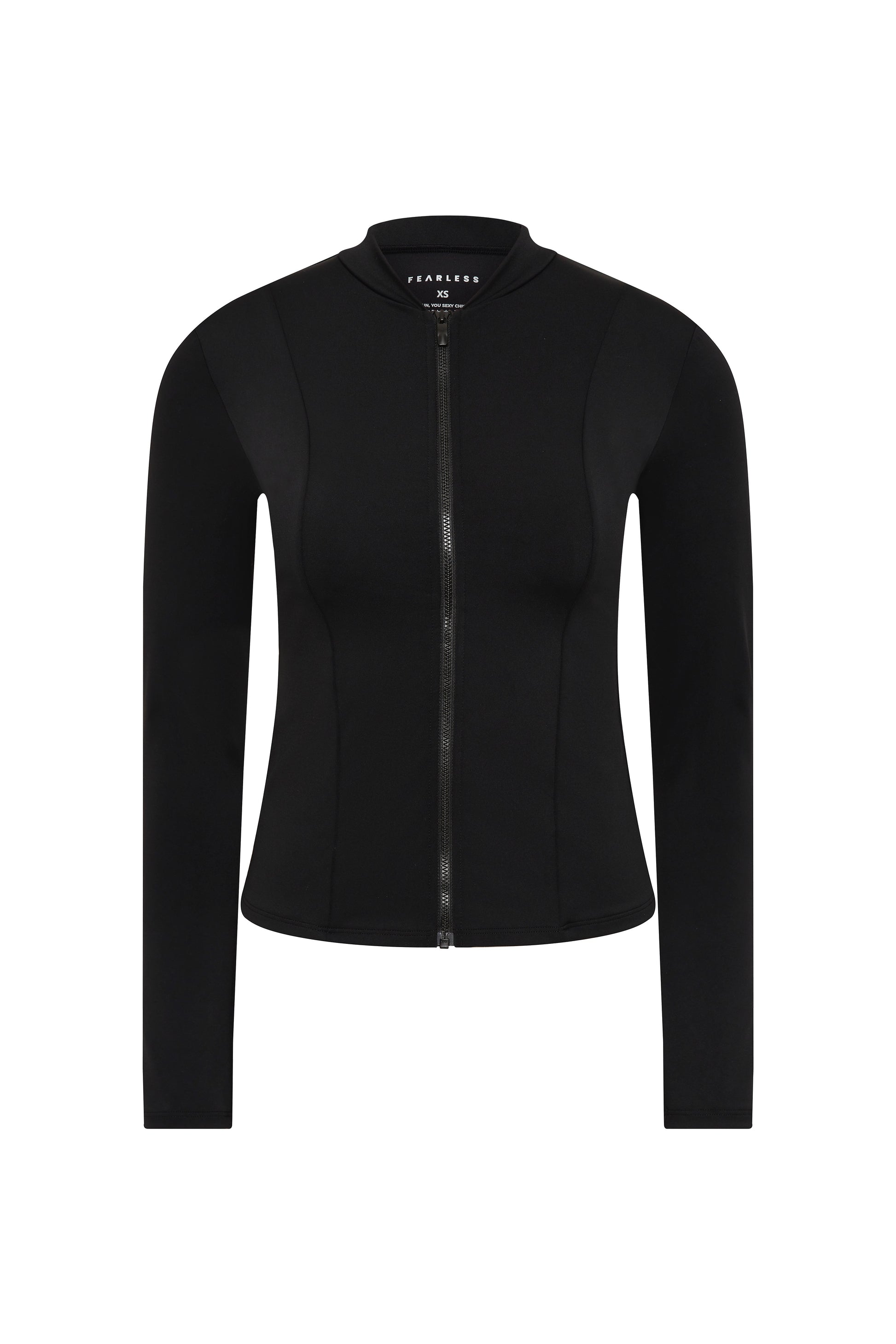 The Fearless au Long Rashie is a black, long-sleeve fitted jacket with a front zipper and small collar, shown on a white background. It features subtle panel detailing for a sleek look and offers UPF 50+ sun protection.