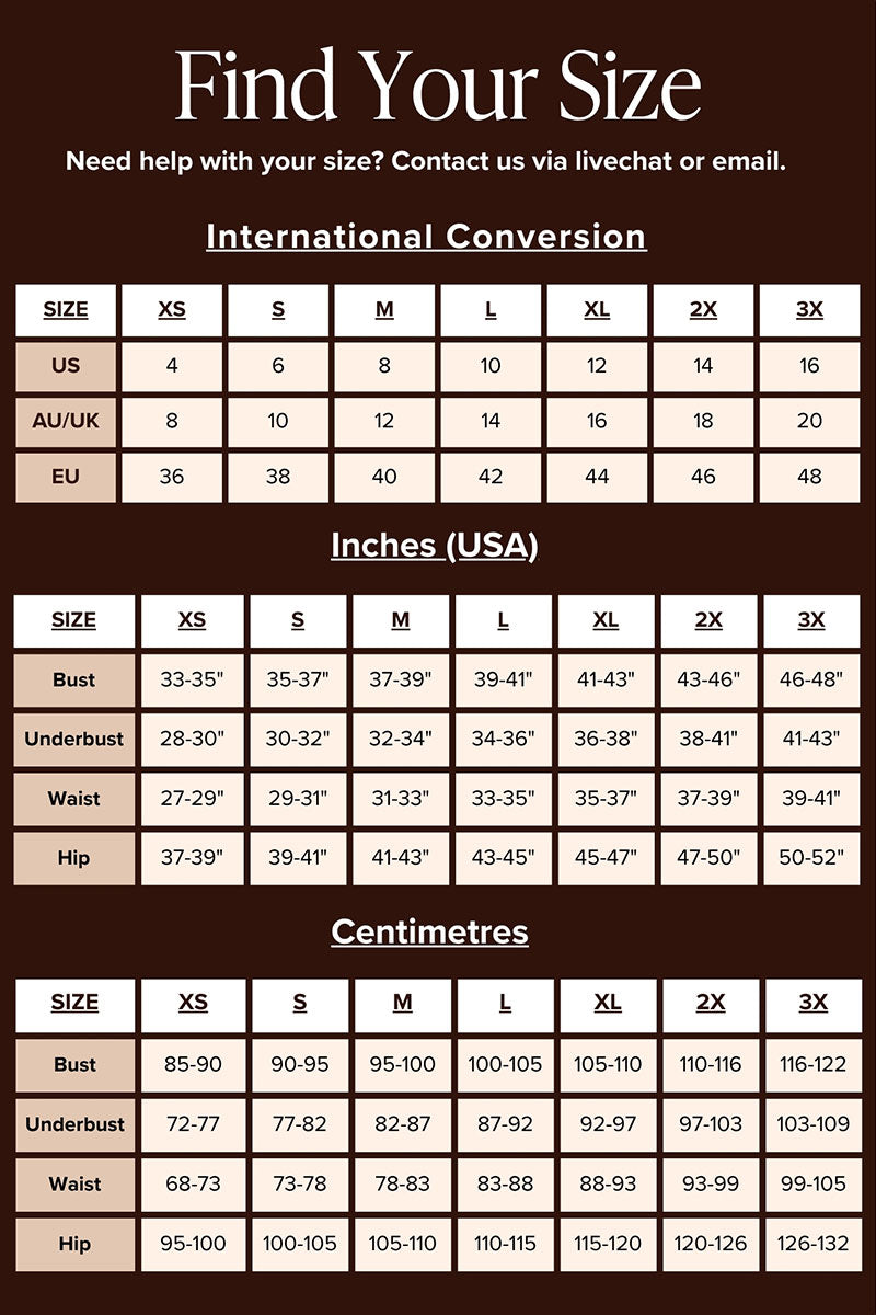 A size conversion chart for apparel sizing, titled 'Find Your Size' on a dark brown background. It includes tables for International Conversion and Inches (USA), mapping sizes US, UK, AU, EU, XS, S, M, L, XL, and 2X/3X to inches and centimeters for bust, underbust, waist, and hip measurements.