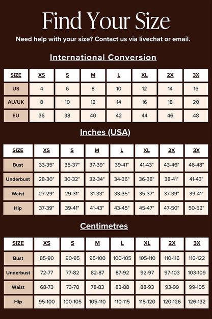 A size conversion chart for apparel sizing, titled 'Find Your Size' on a dark brown background. It includes tables for International Conversion and Inches (USA), mapping sizes US, UK, AU, EU, XS, S, M, L, XL, and 2X/3X to inches and centimeters for bust, underbust, waist, and hip measurements.