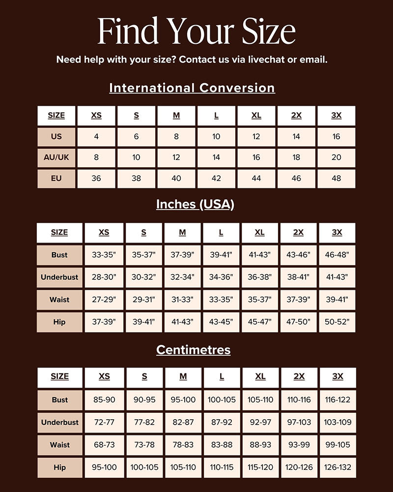 A size chart graphic titled 'Find Your Size' on a dark brown background, showing conversion tables for US, AU/UK, and EU sizes alongside Inches (USA) and Centimetres columns for Bust, Underbust, Waist, and Hip measurements.