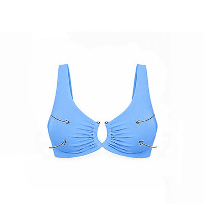 A light blue bikini shown flat against a white background, with decorative arrows pointing toward the gathered cups.