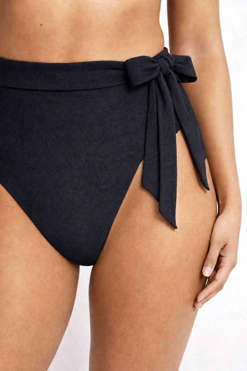Black tie-waist bikini bottom on a white background