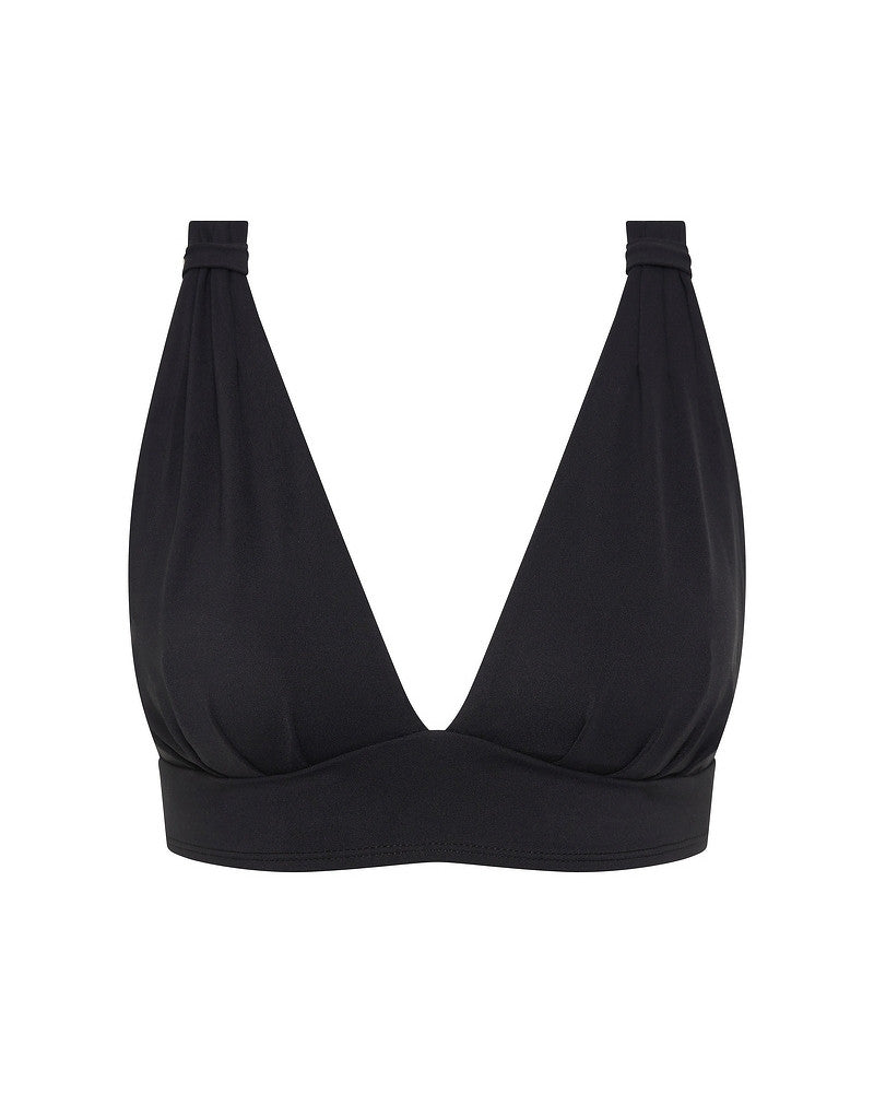A black bralette-style bikini top with wide shoulder straps and a deep V neckline, displayed against a plain white background.