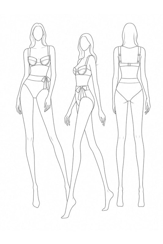 Line art of a woman wearing a bikini from multiple angles on a white background