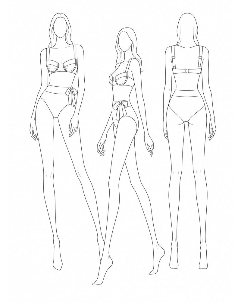Line art of a woman wearing a bikini from three different angles on a white background