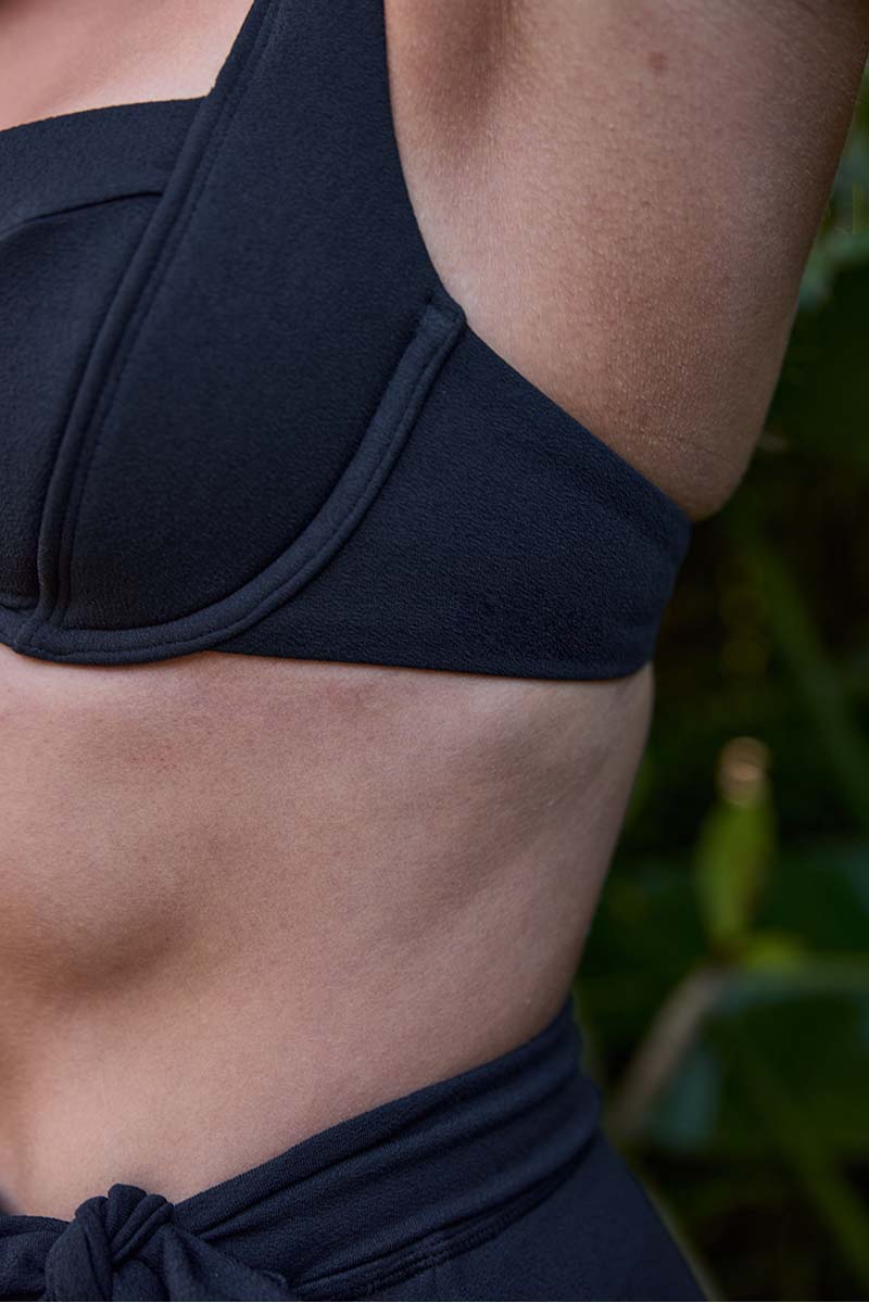 Close-up of a person wearing a black sports bra and matching black bottoms, with skin and a blurred green outdoor background visible.