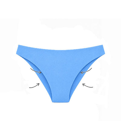 Light blue bikini bottom on a white background with black curved arrows pointing inward toward the sides.