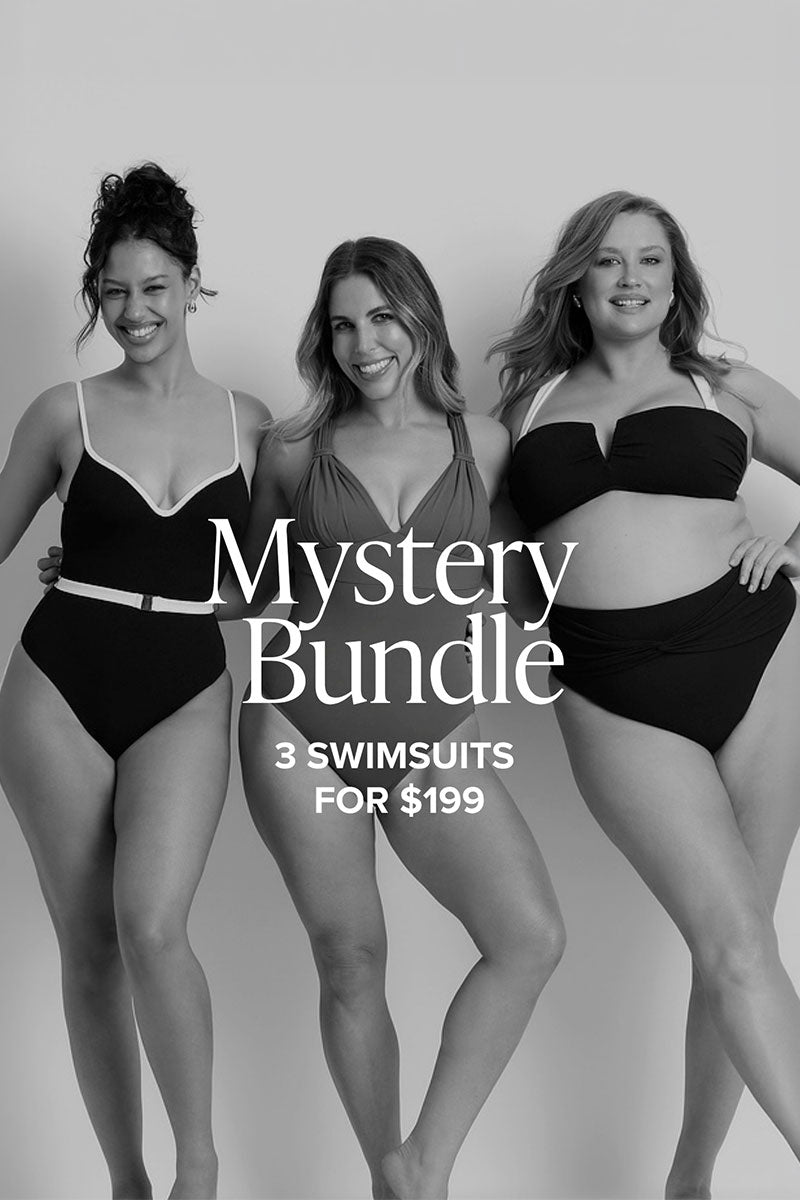 Three women wearing swimsuits with text promoting a mystery bundle offer.