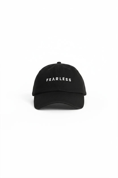 Fearless au Fearless Cap in Black - cap with curved brim, embroidered Fearless logo, adjustable back strap, shown on a white background