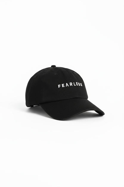 Fearless au Fearless Cap in Black - cap with curved brim, embroidered Fearless logo, adjustable back strap, shown on a white background