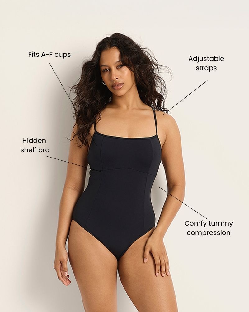 Woman wearing a black one-piece swimsuit with adjustable straps, hidden shelf bra, comfy tummy compression, and fits A-F cups. Labels point to each feature on the suit.