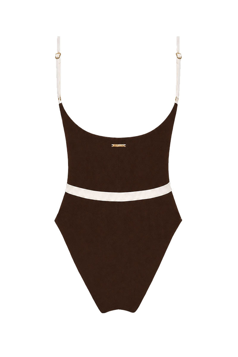 Brown swimsuit with white accents on a white background