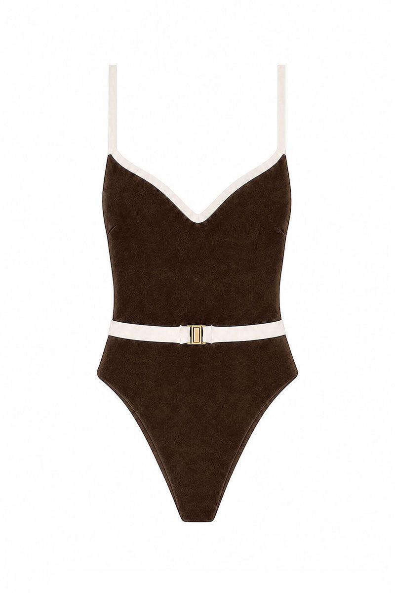 Brown swimsuit with white belt and straps on a white background