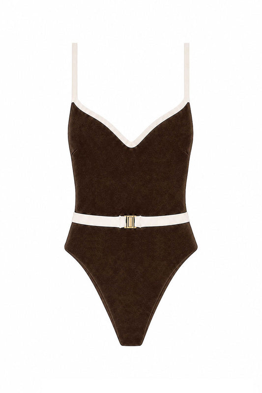 Brown swimsuit with white belt and straps on a white background