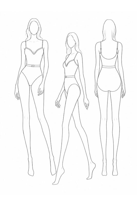 Line art of a woman in various poses wearing a swimsuit on a white background