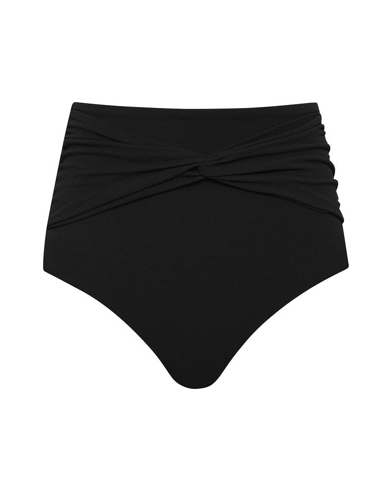 Black high-waisted bikini bottom with a front twist detail and ruched sides, displayed on a plain white background.