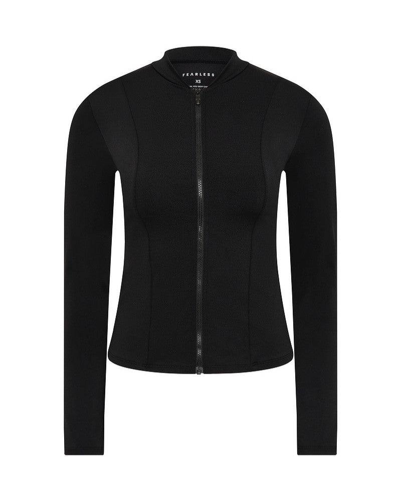 Black, long-sleeved, fitted jacket with a front zipper and round neckline, displayed on a plain white background. The label at the collar reads FEARLESS.