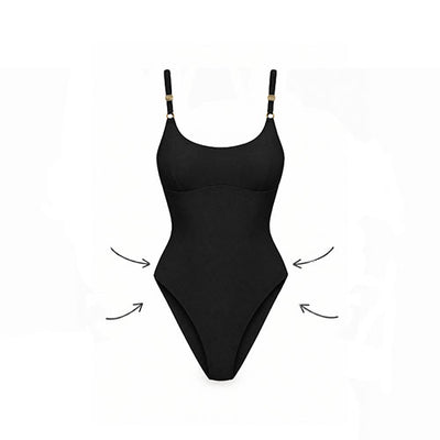 A black one-piece bodysuit with thin shoulder straps and small gold ring details at the top of each strap, shown on a plain white background with curved arrows pointing inward near the waist.