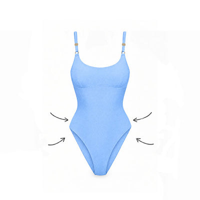 A light blue one-piece swimsuit with adjustable shoulder straps and small gold-toned rings, shown on a plain white background with black arrows pointing inward near the sides.