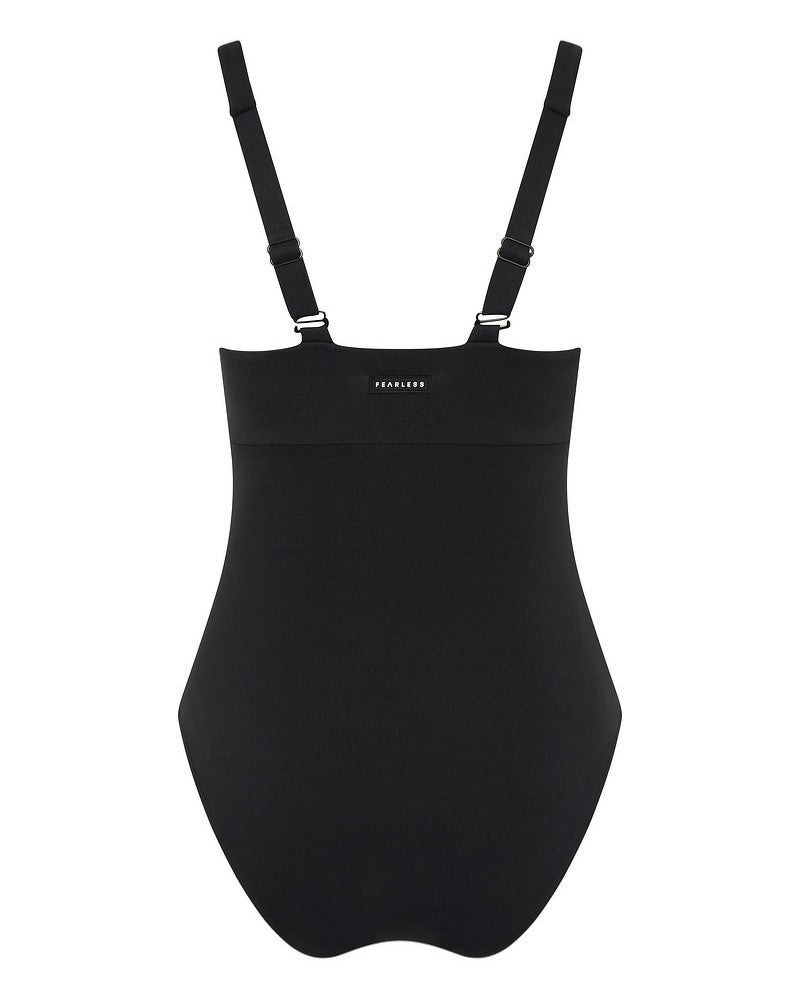 Black shapewear bodysuit with adjustable shoulder straps and a seamless design, shown from the back against a white background. The word Fearless is printed in small white letters near the top center.