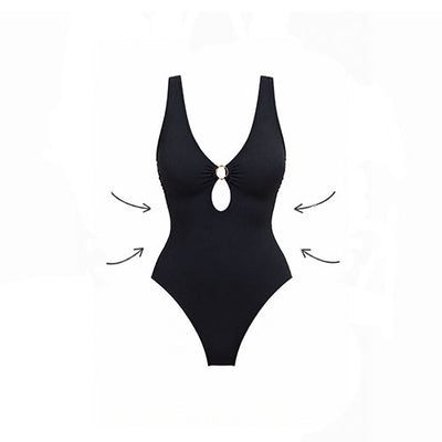 A black one-piece swimsuit with a plunging V-neckline and a central cutout accent, shown on a plain white background with curved arrows indicating a shaping or slimming effect.