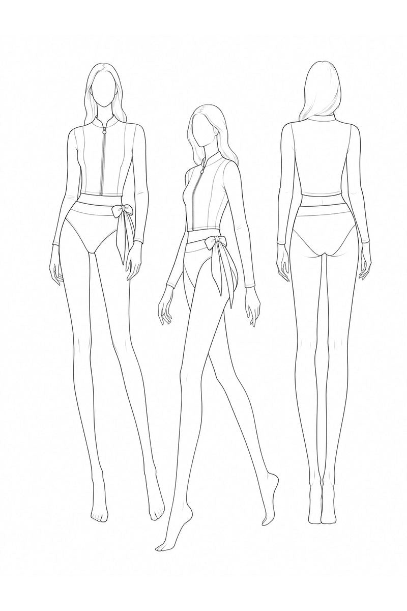 Line art of a woman in a swimsuit from three different angles on a white background
