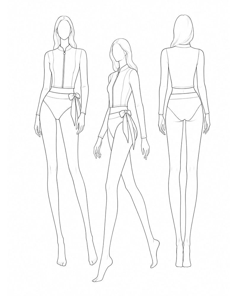 Line art of a woman wearing a swimsuit from front, side, and back views on a white background.