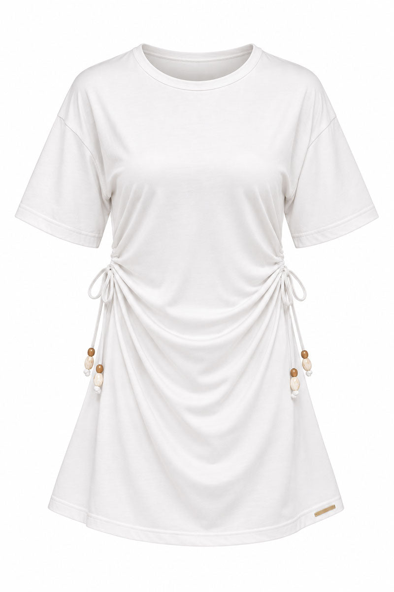 White lace up dress on a white background